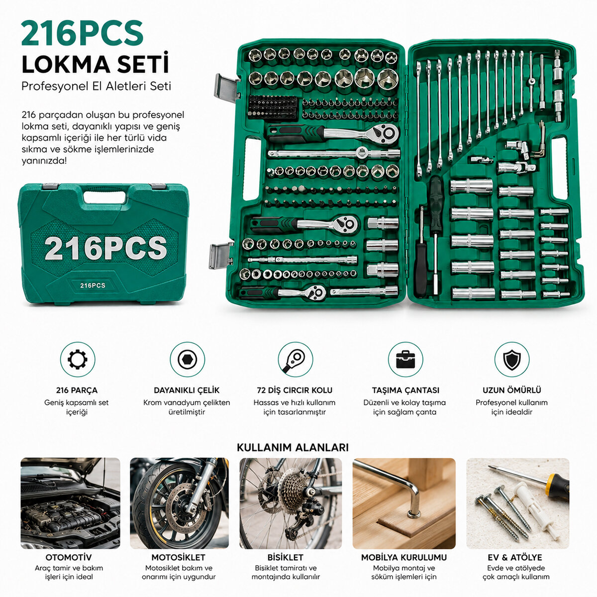 216PCS LOKMA SETİ LOKMA - SOKET - BİTS ADAPTÖR - 3AD.CIRCIR KOLU PLASTİK ÇANTALI