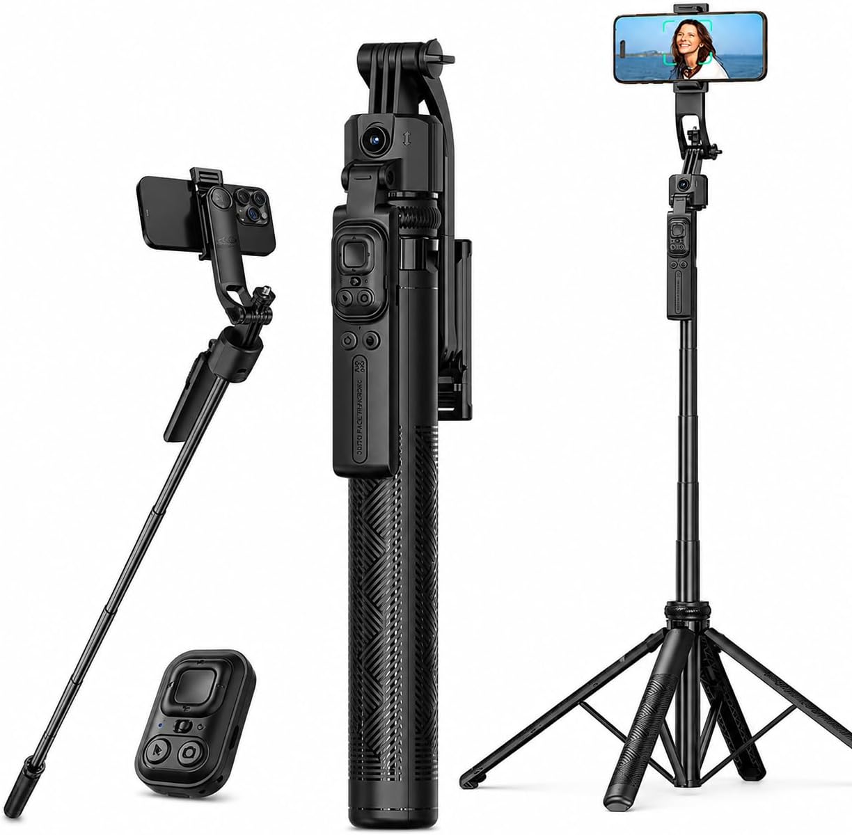 AI Yüz Takipli Selfie Çubuğu Tripod, 360° Otomatik Takip Gimbal, Quadrapod (4 Ayaklı) Taban, Uzaktan Kumandalı, Teleskopik Ayarlanabilir Boy, Telefon Tutuculu Vlog Standı