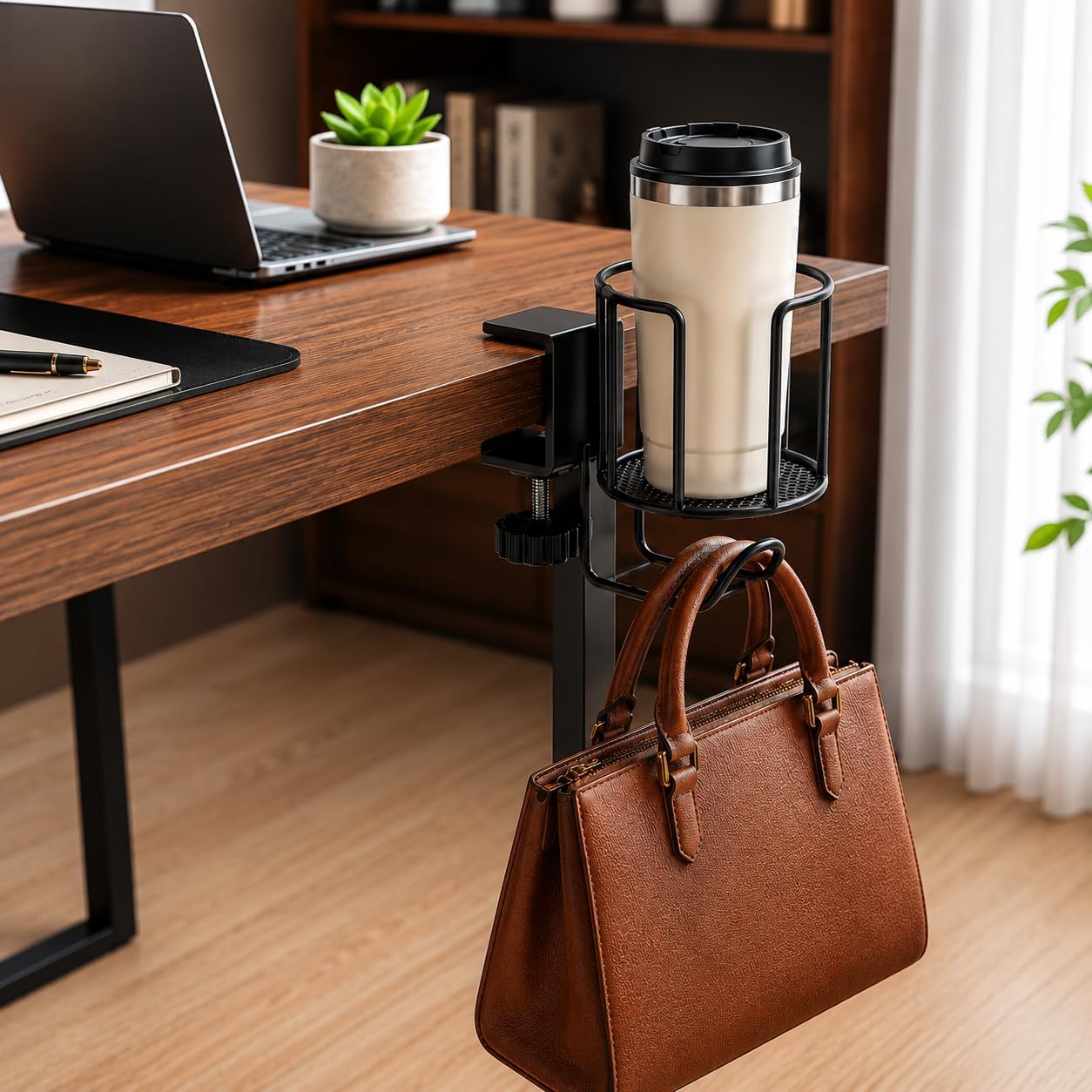 Masa Kenarı Bardak Tutucu ve Kulaklık Askısı, Kelepçeli Metal Masa İçecek Tutucu, Ayarlanabilir Masa Bardaklığı, Kahve Kupası, Termos ve Su Şişesi İçin Ofis Oyuncu Masası Organizer Siyah
