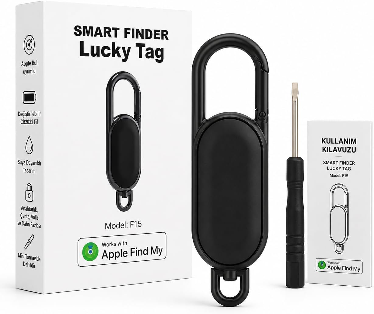 Denshi Lucky Tag F15 Apple Bul (Find My) Uyumlu Akıllı Takip Cihazı, Anahtar Bulucu, Çanta ve Valiz Takip Cihazı, Karabinalı Eşya Bulucu
