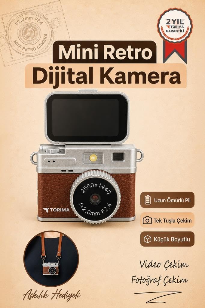 Torima Mini Dijital Kamera 2K Flip Ekranlı Selfie Video Vlog Kamerası CMR49 kahverengi