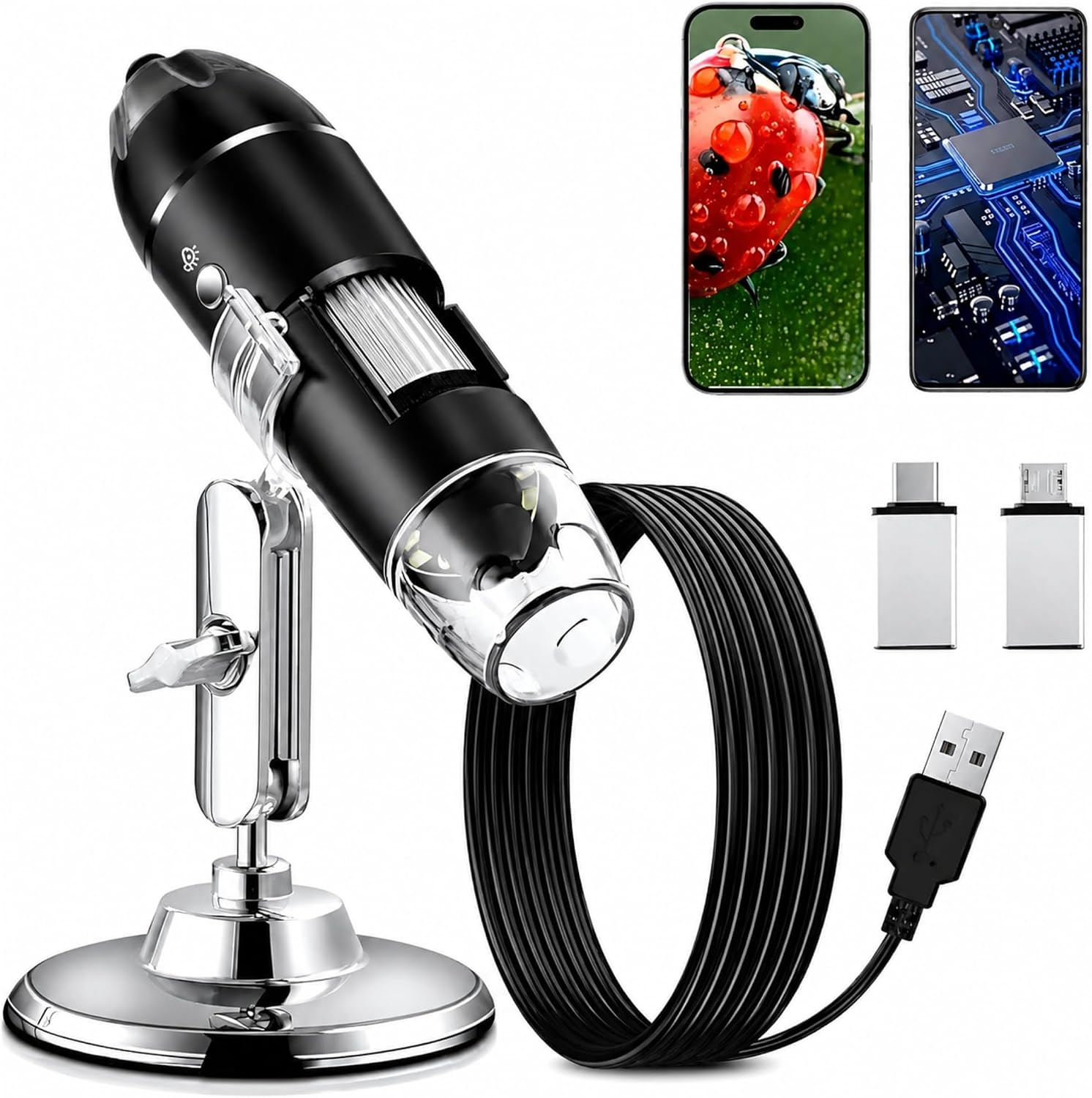 Dijital Mikroskop Kamera, 1600X Büyütme Kapasitesi, 1080P Full HD Fotoğraf ve Video Kaydı, 8 Ledli Kamera, 360 Derece Dönebilir Gövde, Tüm Telefon ve Bilgisayarlarla Uyumlu Mikroskop Kamera