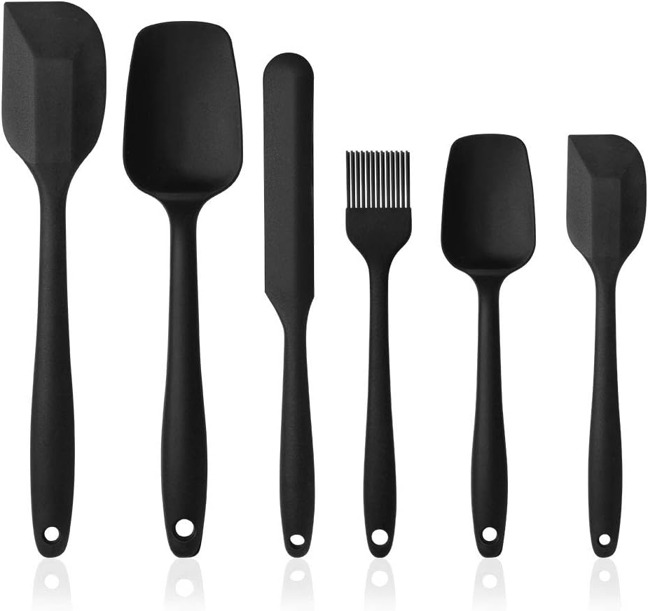 Silikon mutfak yardımcısı, 6 adet silikon spatula, çorba kaşığı, fırın fırçası, spatula, ısıya dayanıklı ve yapışmaz, paslanmaz çelik ve dikişsiz tek parça tasarım (siyah)